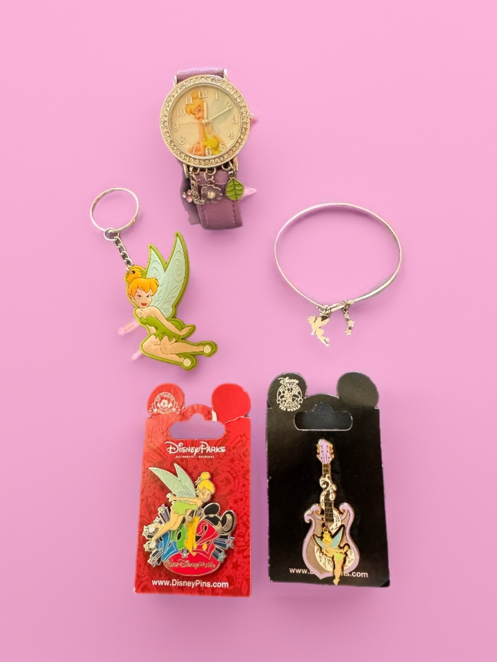 Disney Tinker Bell Bundle: Watch, 2 New Parks Pins, Bracelet & Keychain